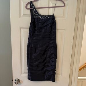 Adrianna Papell Navy One-Shoulder Dress with Beaded Detail